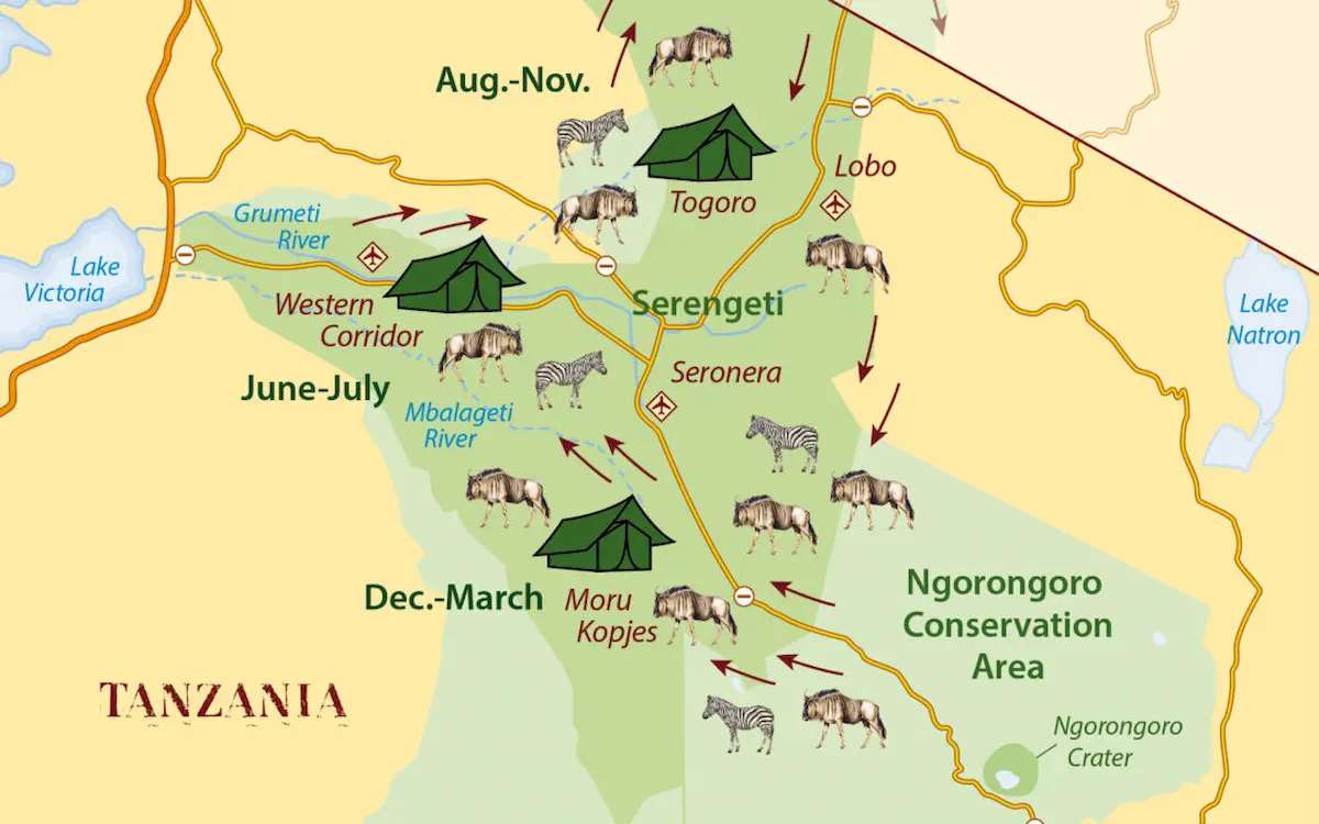 Map of the Serengeti Great Migration route showing the annual movement of wildebeest and zebras through the Southern Plains, Western Corridor, Central Serengeti, and Northern Mara River crossing areas.